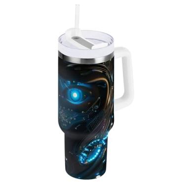 Imagem de ODAWA Copos com isolamento duplo de rosto abstrato de 850 g com canudo e alça para viagem