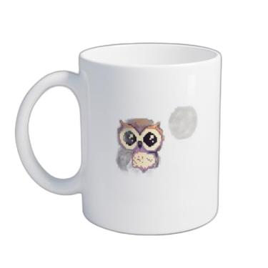 Imagem de Caneca Xícara de Café Porcelana 300ml Coruja Com Fundo de Lua Pixel Art