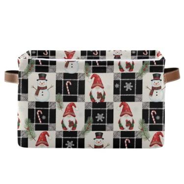 Imagem de Cesta de armazenamento de tecido com alças – caixas de armazenamento retangulares dobráveis de lona de 36 cm x 26 cm para prateleiras, escritório em casa, gnomo, boneco de neve, xadrez, 1 pacote