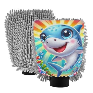 Imagem de Luva de microfibra para lavagem de carro, luva de desenho animado tubarão oceano para limpeza automotiva, 18 cm x 26 cm (pacote com 2)