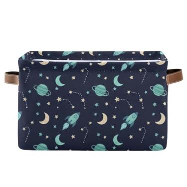 Imagem de Cestas para organização – Cestos organizadores dobráveis de 36 cm x 26 cm para prateleira de armário e organização de casa, desenho fofo, foguete, planeta, azul, 1 pacote