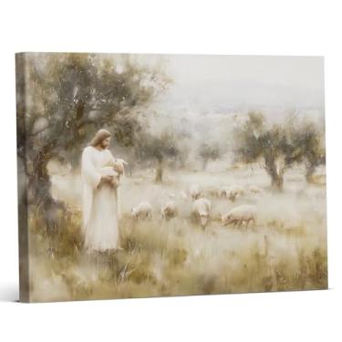 Imagem de Impressão de arte de parede de bom pastor cristão vintage Jesus e ovelhas pintura em tela arte religiosa decoração de parede para casa fazenda igreja 20x25 emoldurada