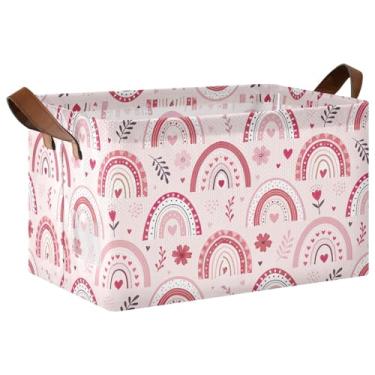 Imagem de Organizador de suéter dobrável rosa de flores arco-íris com alças, cestas decorativas para decoração de casa 17,9 x 11,4 x 25,5 cm, caixa de armazenamento 1 pacote