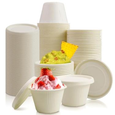 Imagem de yvsay Pacote com 110 copos de papel descartáveis com tampas, copos de sorvete de 118 ml descartáveis, tigelas de papel recicláveis para suflê, condimentos de porção, molho