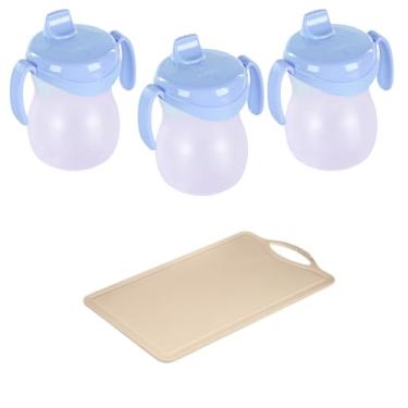 Imagem de Conjunto de 1 Tábua Bege Plástica de Corte para Alimentos + 3 Copo Infantil Atóxico de Plástico Azul 310ml