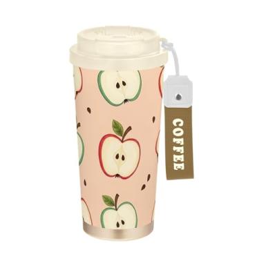 Imagem de TSENQUE Copo de café de viagem 473 ml com revestimento cerâmico, caneca de café de aço inoxidável com tampa e canudo, copo isolado a vácuo, rosa maçã fofa