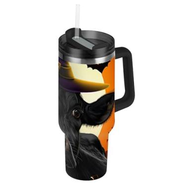 Imagem de Joisal Chapéu de bruxa de vaca preto copos de Halloween com tampa e canudo rosa fofo copo de 850 g com alça garrafas de água de aço inoxidável isolado garrafa de água cabe no copo do carro