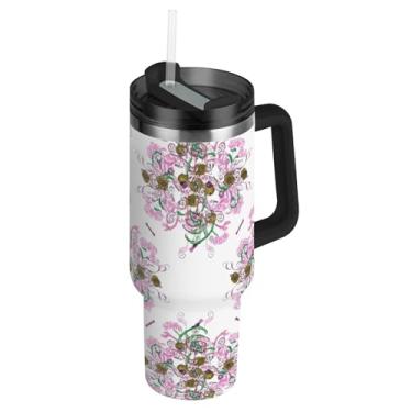 Imagem de Joisal Copo de 850 g com alça copos de aço inoxidável com tampas e canudo garrafa de água grande carros isolados xícara de café bebida quente intrincado floral moderno torção rosa