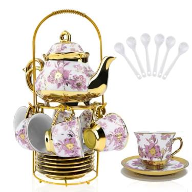 Imagem de Conjunto de chá de porcelana com suporte de metal, conjunto de chá de cerâmica europeu de 700 ml para adultos, conjunto de chá para adultos, conjunto de pires de xícara de chá de flores para festa com