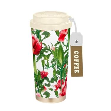 Imagem de TSENQUE Copo de café de viagem de 473 ml com tampa de canudo e filp, copo de café de aço inoxidável isolado a vácuo à prova de vazamento, cravos florais vermelhos folhas verdes