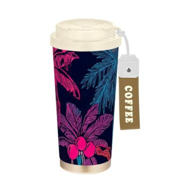 Imagem de Copo de café de viagem 473 ml com revestimento cerâmico, caneca de café de aço inoxidável com tampa e canudo, copo isolado a vácuo, palmeiras azuis rosa escuro