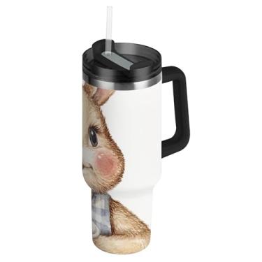 Imagem de Joisal Copo com alça copos de aço inoxidável de 850 g com tampas e canudos, garrafas de água rosa, isoladas, caneca de café quente para carros, coelhinho sorridente, impressão em aquarela