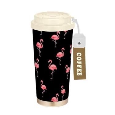 Imagem de TSENQUE Copo de café de viagem 473 ml, copo de café com revestimento cerâmico, tampa e canudo, copo isolado a vácuo de aço inoxidável, flamingos rosa, preto sólido