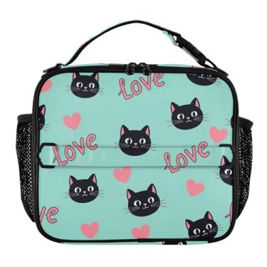 Imagem de Joisal Lancheira verde com corações de gatos pretos fofos para mulheres, meninas, lancheira com alça de ombro, lancheira masculina e infantil, para trabalho, meninos, rosa, fofa, bolsa térmica