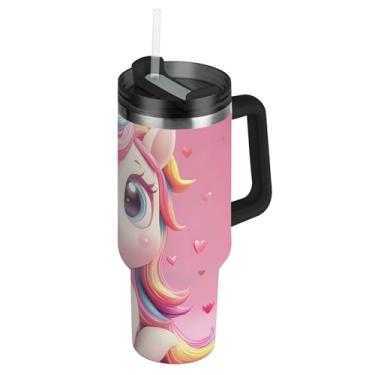 Imagem de Joisal Copos de unicórnio rosa fofos com tampa e canudos Copo feminino de 850 g com alça garrafa de água isolada de aço inoxidável carros caneca de café bebida quente