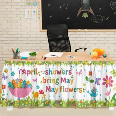 Imagem de Windkream 73,7 cm x 2,7 m Abril Chuveiros Trazem Flores de Maio Sala de Aula Saia de Mesa para Mesa de Professor Retangular Saia de Mesa de Primavera para Decoração de Sala de Aula Material de Festa