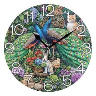 Imagem de Relógio de parede decorativo analógico operado por bateria relógio de cozinha rústico, decoração de parede vintage, sala de estar, animal verde pavão, 25 cm, ponteiros pretos