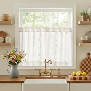 Imagem de jinchan Belrose Linen, cortinas florais de cozinha, 61 cm de comprimento, bordadas, fazenda, café, para sala de estar, banheiro, conjunto de cortinas de janelas pequenas, filtro de luz transparente, 2