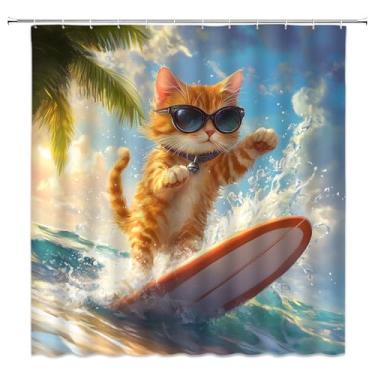 Imagem de ASVEAS Cortina de chuveiro de gato engraçada oceano azul gatinho legal surfe mar tropical Havaí tecido para decoração de banheiro banheira com ganchos (177.8 cm WX70 H)