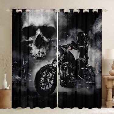 Imagem de Cortina de janela preta para motociclista cinza crânio e névoa decoração cortinas de janela esportes radicais para meninos adolescentes homens leve microfibra poliéster para dormitório, quarto e sala