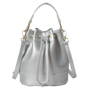 Imagem de Bolsa feminina retrô chique Hobo com cordão e alça ajustável bolsa de ombro leve para todas as estações, Prata