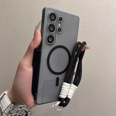 Imagem de Capa com alça de pulso fosca para Samsung Galaxy S25 S24 Ultra S22 S23 Plus Cordão Rígido PC Magnético à prova de choque Capa fina, preta, para Samsung S22