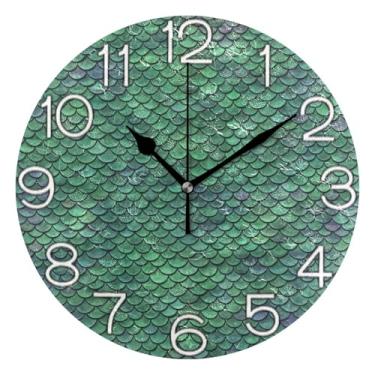 Imagem de Relógio de parede analógico decorativo estético silencioso sem tique-taque relógio de cozinha rústico, arte de parede boho decoração de casa, escamas de dragão sereia verde, 25 cm, ponteiros pretos