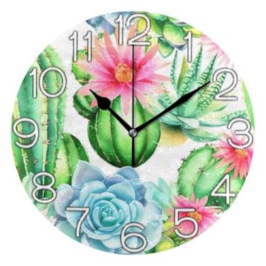 Imagem de GAIGEO Relógio de parede analógico decorativo para sala de aula, relógio de escritório, movido a bateria, retrô moderno art déco decoração de parede cactos suculentas flores, 25 cm, ponteiros pretos