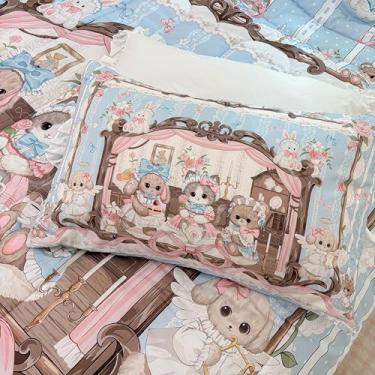 Imagem de CCoutueChen Conjunto de edredom infantil tamanho casal, jogo de cama acolchoado de urso fofo de desenho animado com detalhes florais, decoração de quarto para meninas, macio e aconchegante, 3 peças/79