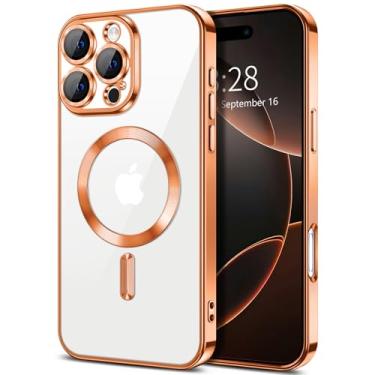 Imagem de Hython Capa magnética transparente para iPhone 16 Pro com protetor de lente de câmera [compatível com MagSafe] Capa protetora de TPU macio com borda de revestimento de luxo para iPhone 16 Pro 6,3