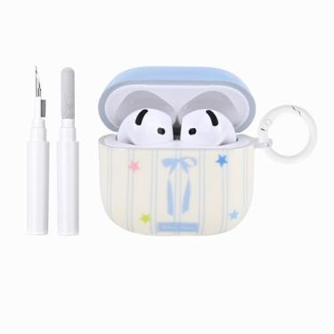 Imagem de Fycyko Capa compatível com AirPods 4, TPU macio com kit de limpeza, design de laço moderno, à prova de choque, capa de chaveiro para meninas e mulheres, estampa listrada bege