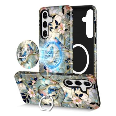 Imagem de Aitipy Capa de telefone magnética para Samsung Galaxy S25, compatível com Magsafe, com lindo vitral, flor, pássaro, suporte de anel, capa protetora estética para celular para mulheres e meninas