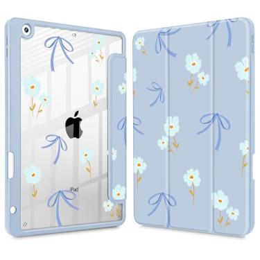 Imagem de Mektron Capa impressa para iPad de 10,2 polegadas 2021/2020/2019, para iPad 9ª/8ª/10ª geração, porta-lápis embutido com capa à prova de choque transparente + suporte de três dobras, laços azuis e