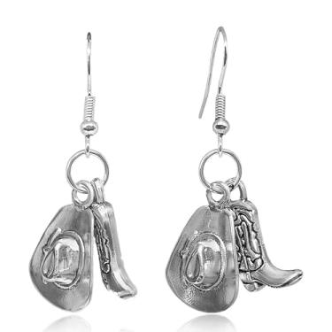 Imagem de TIANBANGSHI Brincos femininos de chapéu de cowboy Western Country, brincos com pingente de bota e chapéu, joias para amantes da fazenda, Small, Metal, Sem pedra preciosa