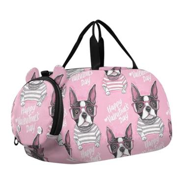 Imagem de Bolsa esportiva de lagosta vermelha com estrela do mar azul para viagem de fim de semana bolsa esportiva para meninos e crianças, Lindo coração listrado Boston Terrier, Clássico