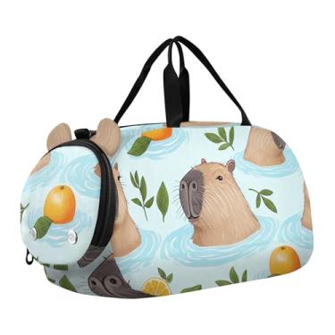 Imagem de Bolsa esportiva para meninos durante a noite para o fim de semana, flores alegres, céu azul, bolsas de viagem para academia, bagagem infantil, Lindas capivaras de natação, Clássico