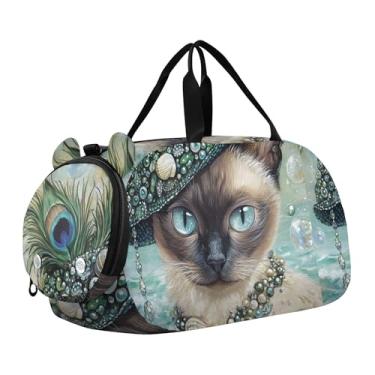 Imagem de Bolsa de viagem azul para meninas com bola de tênis, bolsa de viagem para o fim de semana, academia, bolsa de mão para meninos, Pavão pérola siamesa real vintage, Clássico