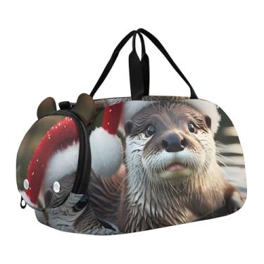 Imagem de Bolsa esportiva para meninos e crianças, bolsas de fim de semana, jardim, gnomo, flores, azul, meninas, bolsas de viagem, crianças, academia, mochila, Lindo chapéu de Papai Noel de Natal de lontra