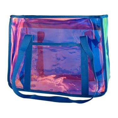 Imagem de TotePrint Bolsa de praia holográfica com estampa de estrelas - Bolsa feminina iridescente de PVC impermeável aprovada para estádios, Azul, Large, Bolsa de praia
