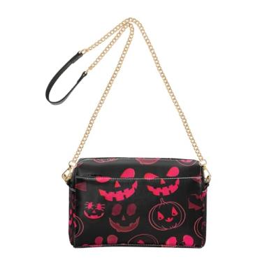 Imagem de Joitme Bolsa tiracolo feminina com alça de corrente de couro PU para celular e abóbora vermelha e preta de Halloween