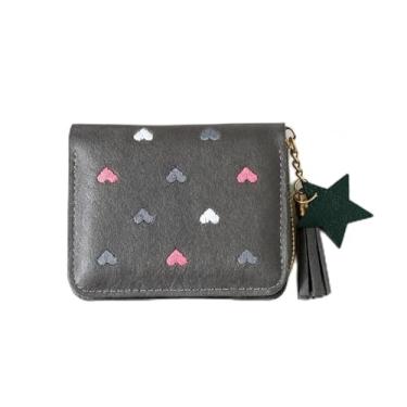 Imagem de Carteira feminina pequena e curta com borla, linda bolsa de moedas de couro sintético com zíper, Cinza, Tendência