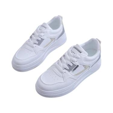 Imagem de Tênis Feminino Com Solado Grosso Branco Moda Coreana Casual Para Camin