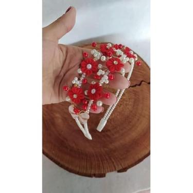 Imagem de Tiara Jardim Encantado com Flores Borboleta e Pérolas (Vermelho e off)