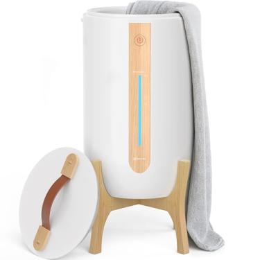 Imagem de Keenray Aquecedor de toalhas para banheiro com suporte de madeira, balde de aquecedor de toalhas com barra de progresso de aquecimento, suporte de disco perfumado, balde de toalha de desligamento