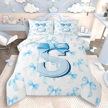 Imagem de jejeloiu Conjunto de edredom com laço azul kawaii, letra P, para meninos e meninas, edredom fofo com nó de laço de coquete, personalizado, inicial S, decoração de quarto, arte abstrata, monograma, 3