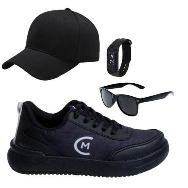 Imagem de Tênis Casual Infantil Masculino Chumbo/Preto/Fogo +Óculos+Relógio+Boné