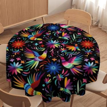 Imagem de TFOSO Toalha de mesa mexicana, estilo folclórico tradicional, flores coloridas de pássaros, capa de mesa para cozinha, festa, jantar, jardim, casa, casamento, redonda, 127 x 127 cm