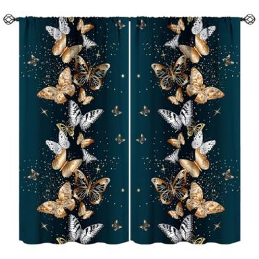 Imagem de Cortinas de janela de borboleta, borboleta dourada verde brilhante, bolso para varão, cortinas térmicas, tratamentos de janela para quarto de adolescentes, meninos, meninas, decoração de sala de estar