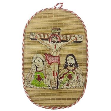 Imagem de Crafts of India Arte de Jesus Cristo com Mãe Maria em bambu - Pintura oval feita à mão de 11 x 18 cm, decoração de parede religiosa para casa católica, presente para Natal e Páscoa