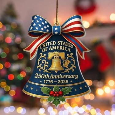 Imagem de Enfeite comemorativo de Natal com sino comemorativo de 250º aniversário | Decoração patriótica semiquincentenária | Presente de lembrança de marco histórico americano para veteranos, colecionadores e